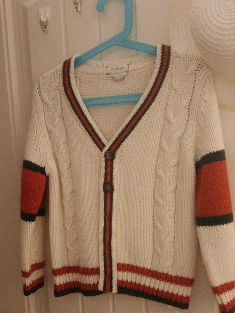 Gucci Cream Cable Knit Cardigan with Red and Green Stripe Accents